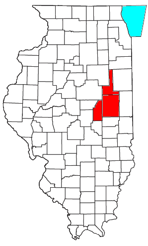 map highlighting in red where urbana and champaign is.